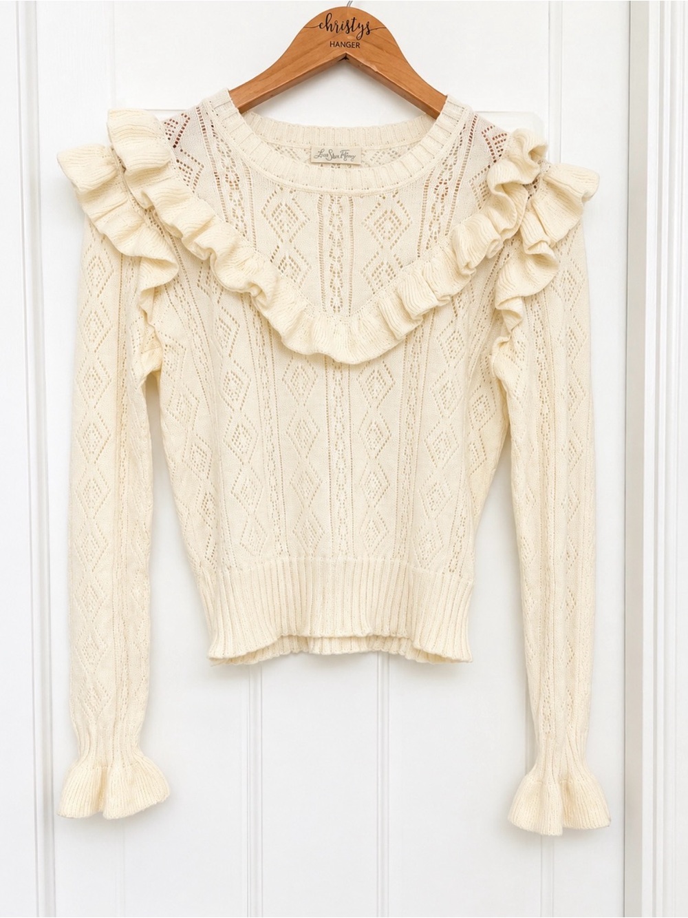 LoveShackFancy Natalie Ruffle Pointelle Knit Sweater Ivory Cream S